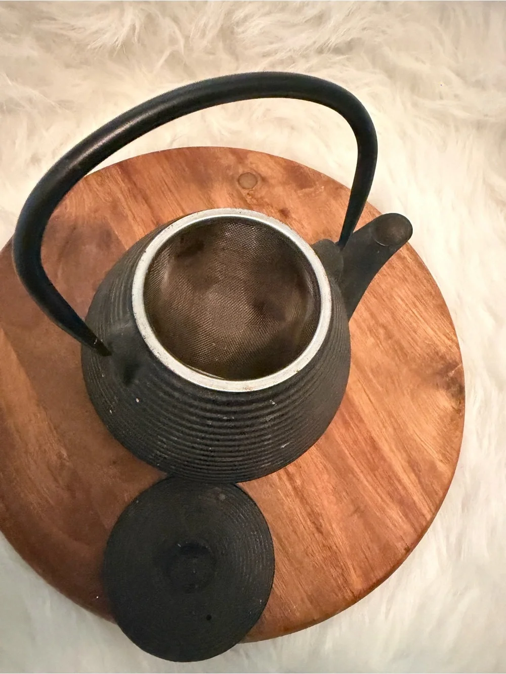 Black Cast Iron Teapot with Handle - Classic Ribbed Design